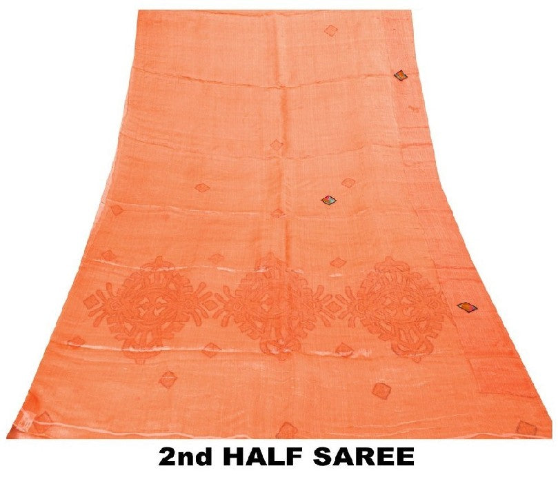 Sanskriti Vintage Sari 100% Pure Organza Silk Peach Saree Embroidered Woven 5yd Craft Fabric Pre-owned Indian Saree Upcycled Fabric