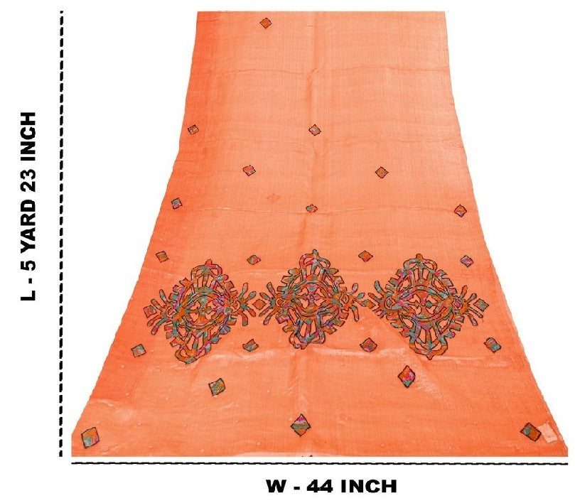 Sanskriti Vintage Peach Pure Organza Sarees Embroidered Patch Sari 5.5+YD Fabric