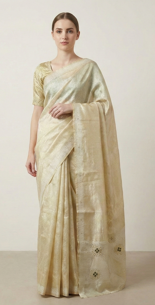 Sanskriti Vintage Saree Tissue Hand Beaded Sustainable Fabric Premium 5 Yd Sari With Blouse