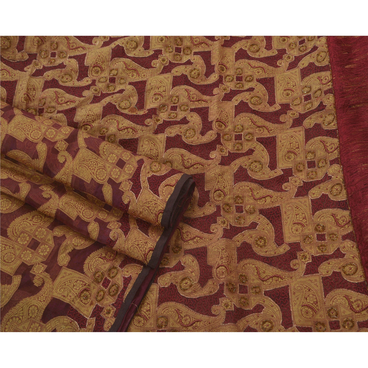 Sanskriti Vintage Hand Beaded-Woven Pure Organza Silk Saree Red Sari 5+Yd Fabric
