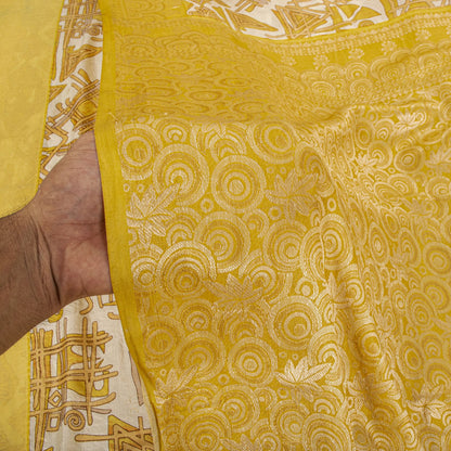 Sanskriti Vintage Saree Woven Printed Pure Silk Ivory-Yellow Sari Craft Fabric