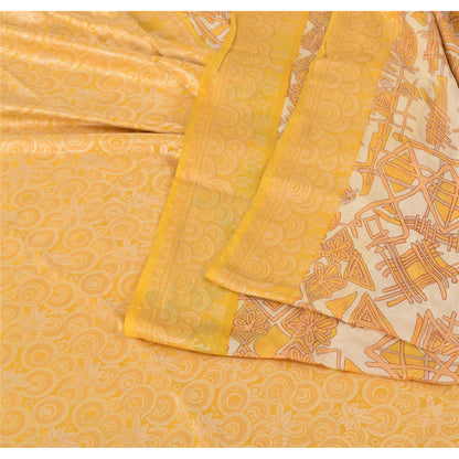 Sanskriti Vintage Ivory/Yellow Sarees Pure Silk Woven Printed Sari Craft Fabric