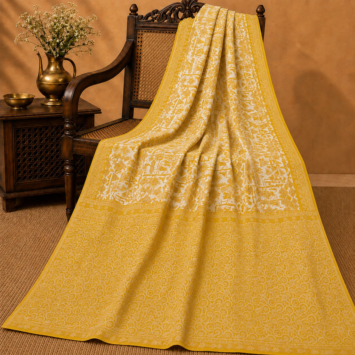 Sanskriti Vintage Saree Woven Printed Pure Silk Ivory-Yellow Sari Craft Fabric
