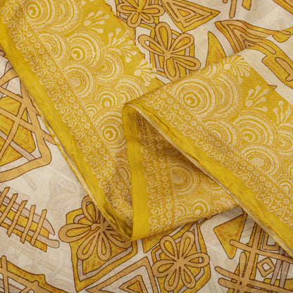 Sanskriti Vintage Saree Woven Printed Pure Silk Ivory-Yellow Sari Craft Fabric