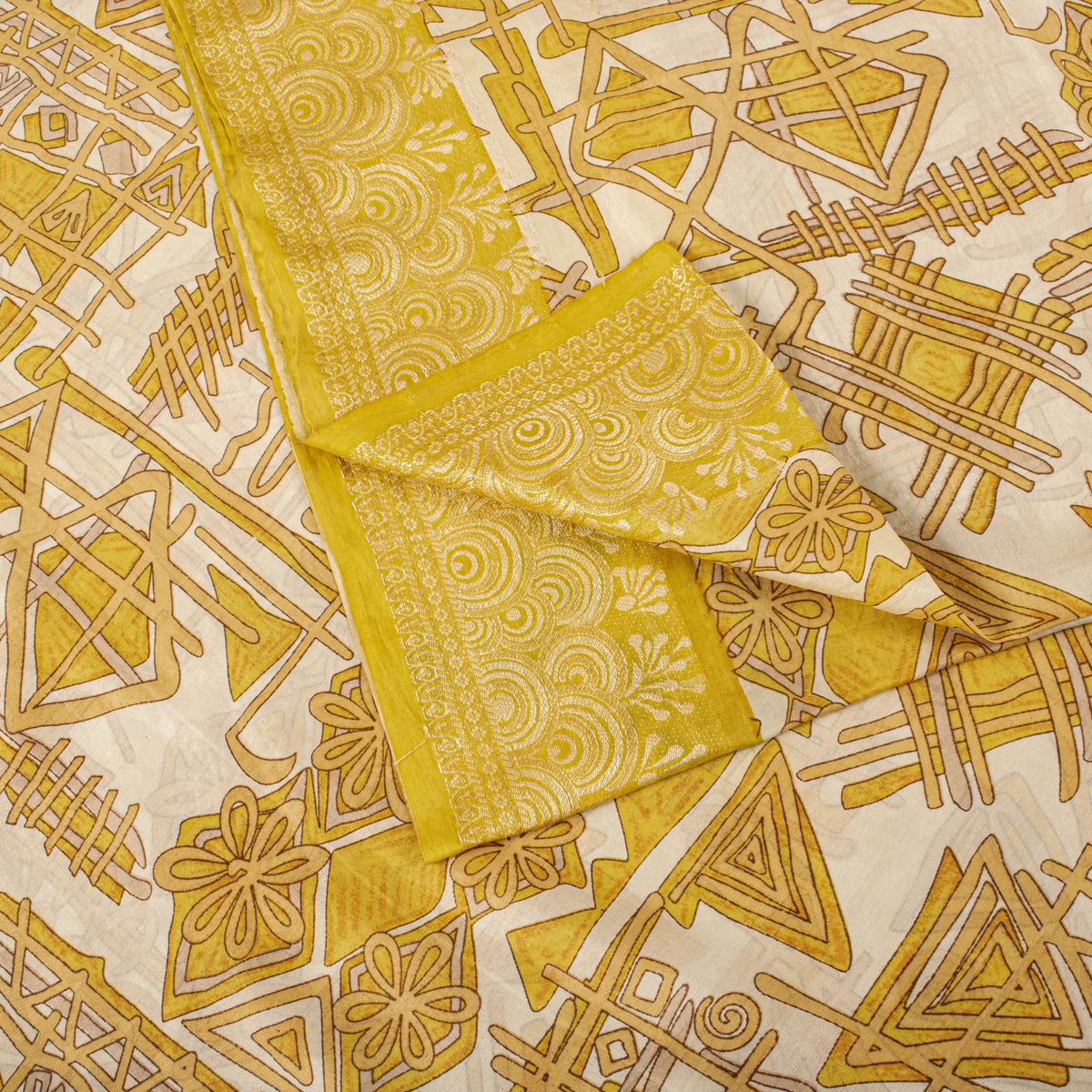 Sanskriti Vintage Saree Woven Printed Pure Silk Ivory-Yellow Sari Craft Fabric