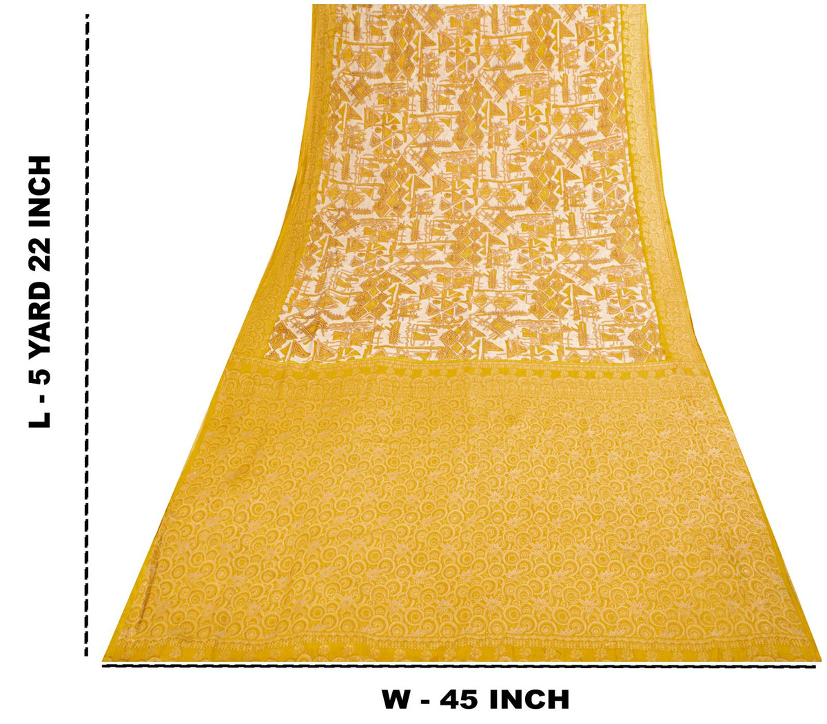 Sanskriti Vintage Saree Woven Printed Pure Silk Ivory-Yellow Sari Craft Fabric
