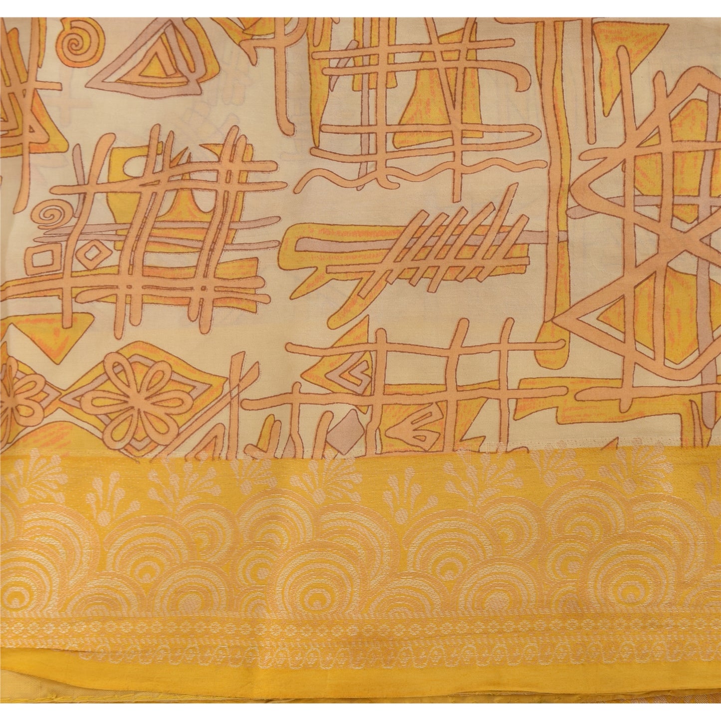Sanskriti Vintage Ivory/Yellow Sarees Pure Silk Woven Printed Sari Craft Fabric