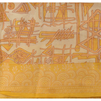Sanskriti Vintage Ivory/Yellow Sarees Pure Silk Woven Printed Sari Craft Fabric
