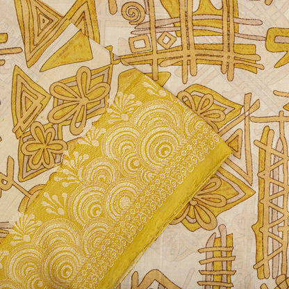 Sanskriti Vintage Saree Woven Printed Pure Silk Ivory-Yellow Sari Craft Fabric
