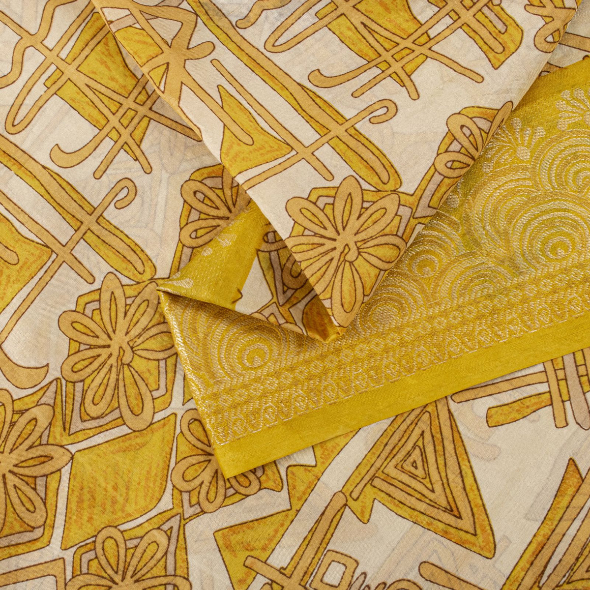 Sanskriti Vintage Saree Woven Printed Pure Silk Ivory-Yellow Sari Craft Fabric