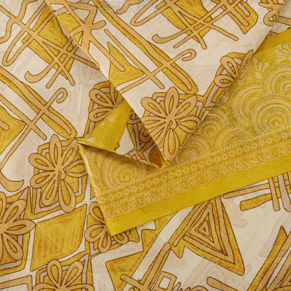 Sanskriti Vintage Saree Woven Printed Pure Silk Ivory-Yellow Sari Craft Fabric