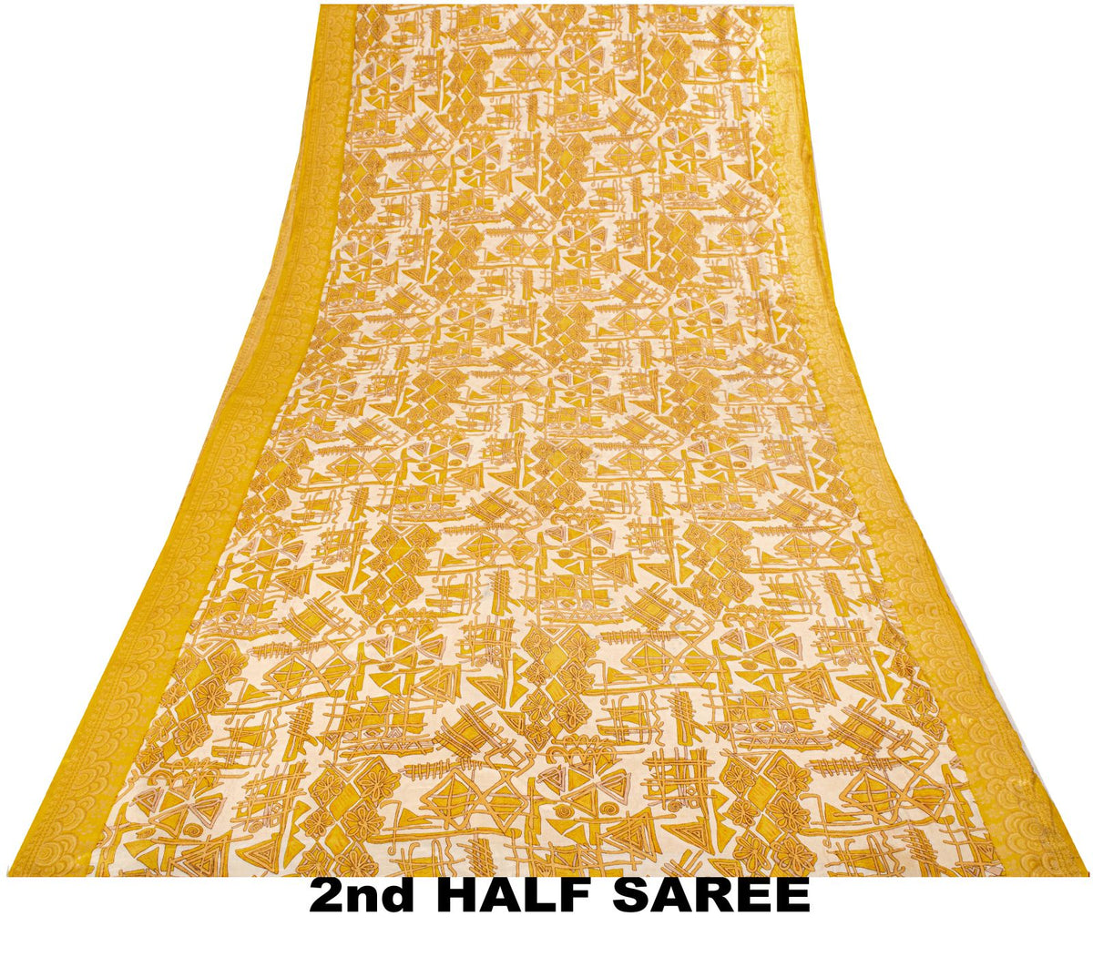Sanskriti Vintage Saree Woven Printed Pure Silk Ivory-Yellow Sari Craft Fabric