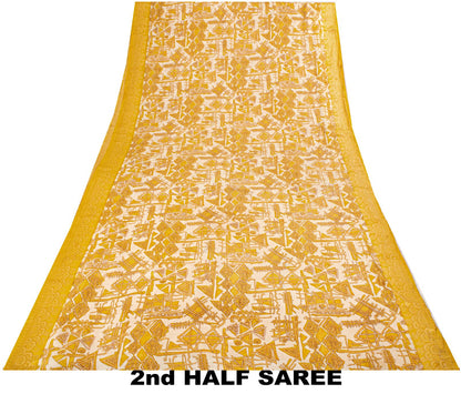 Sanskriti Vintage Saree Woven Printed Pure Silk Ivory-Yellow Sari Craft Fabric