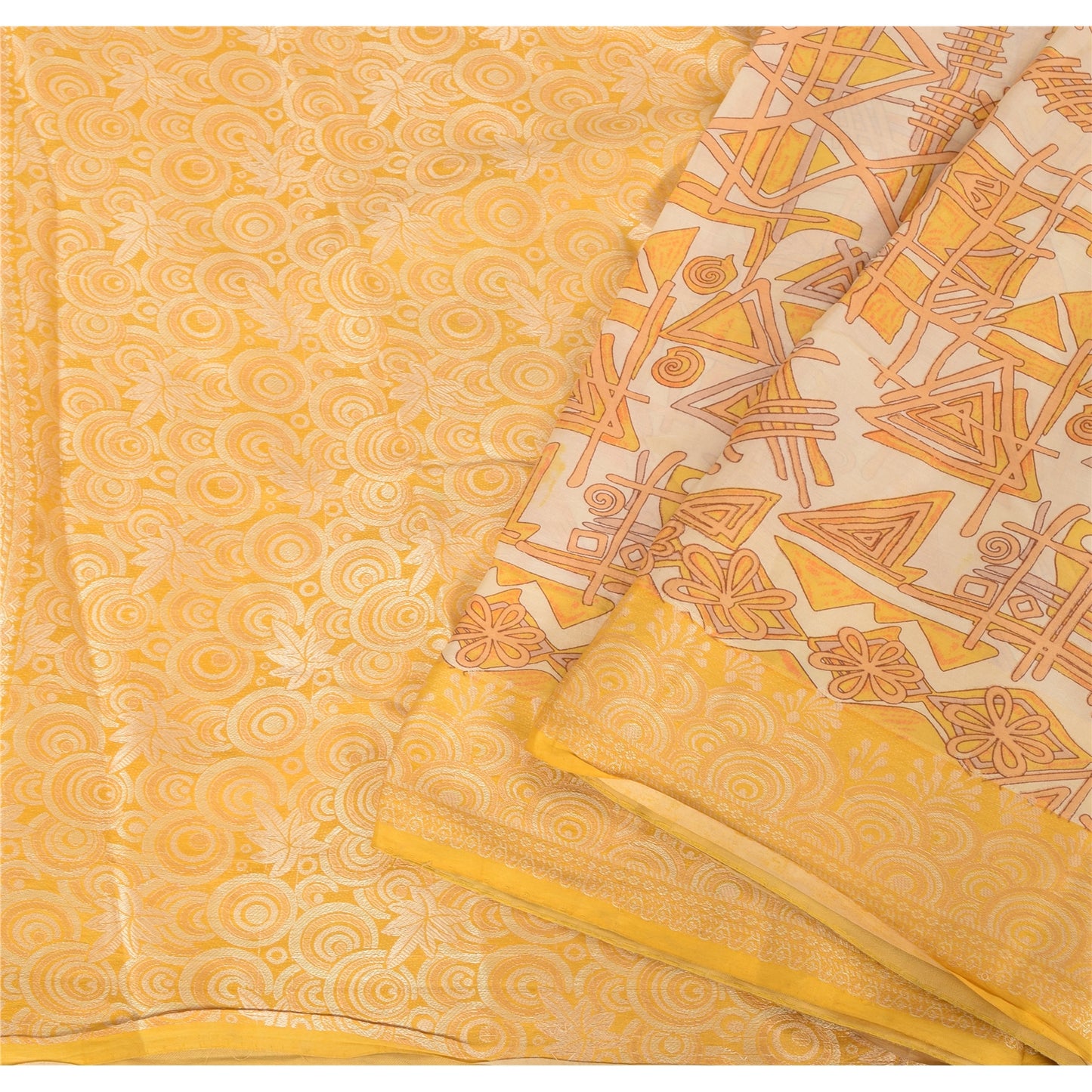 Sanskriti Vintage Ivory/Yellow Sarees Pure Silk Woven Printed Sari Craft Fabric