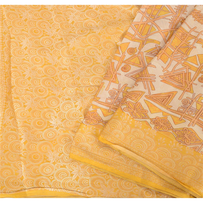 Sanskriti Vintage Ivory/Yellow Sarees Pure Silk Woven Printed Sari Craft Fabric