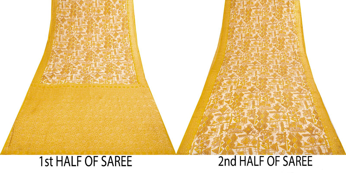 Sanskriti Vintage Saree Woven Printed Pure Silk Ivory-Yellow Sari Craft Fabric