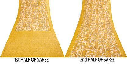 Sanskriti Vintage Saree Woven Printed Pure Silk Ivory-Yellow Sari Craft Fabric