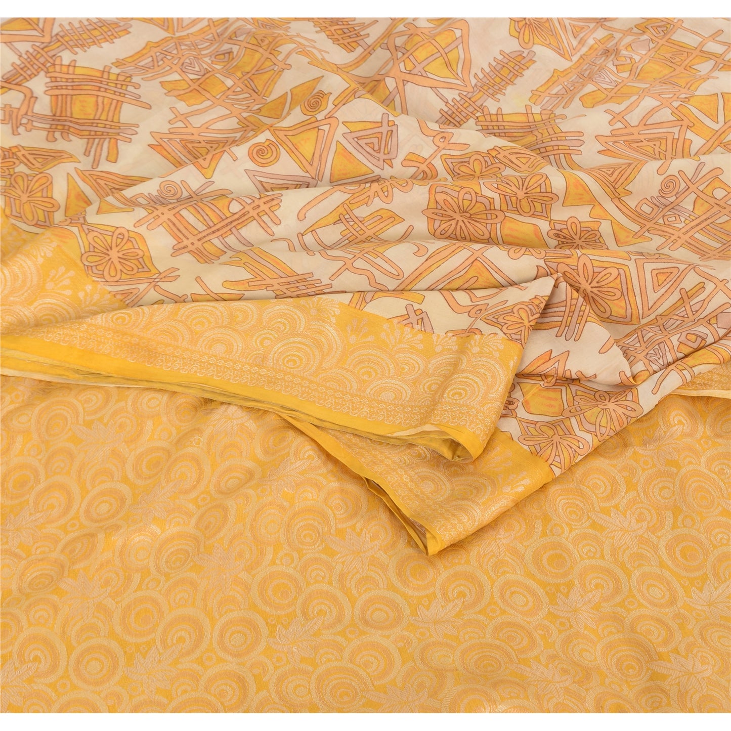 Sanskriti Vintage Ivory/Yellow Sarees Pure Silk Woven Printed Sari Craft Fabric