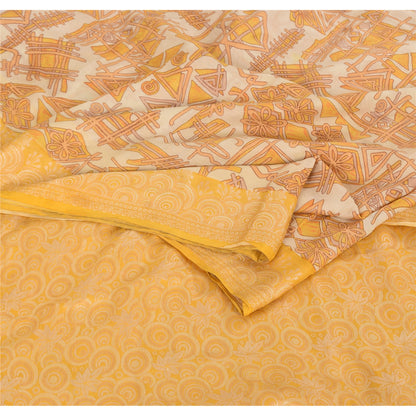 Sanskriti Vintage Ivory/Yellow Sarees Pure Silk Woven Printed Sari Craft Fabric