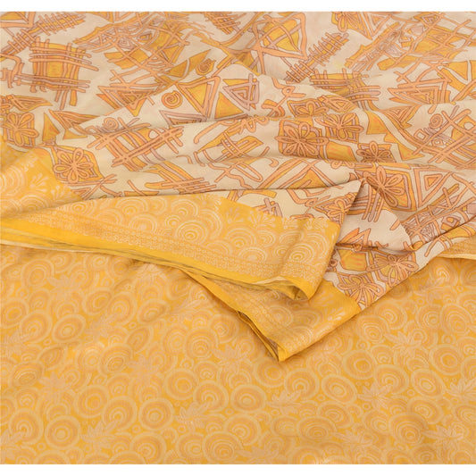 Sanskriti Vintage Ivory/Yellow Sarees Pure Silk Woven Printed Sari Craft Fabric