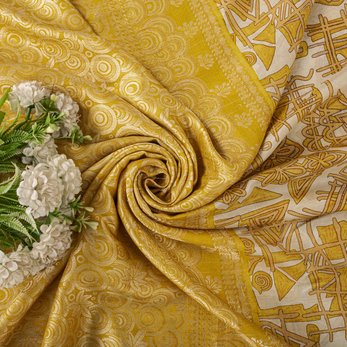 Sanskriti Vintage Saree Woven Printed Pure Silk Ivory-Yellow Sari Craft Fabric
