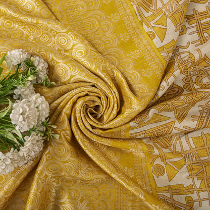 Sanskriti Vintage Saree Woven Printed Pure Silk Ivory-Yellow Sari Craft Fabric