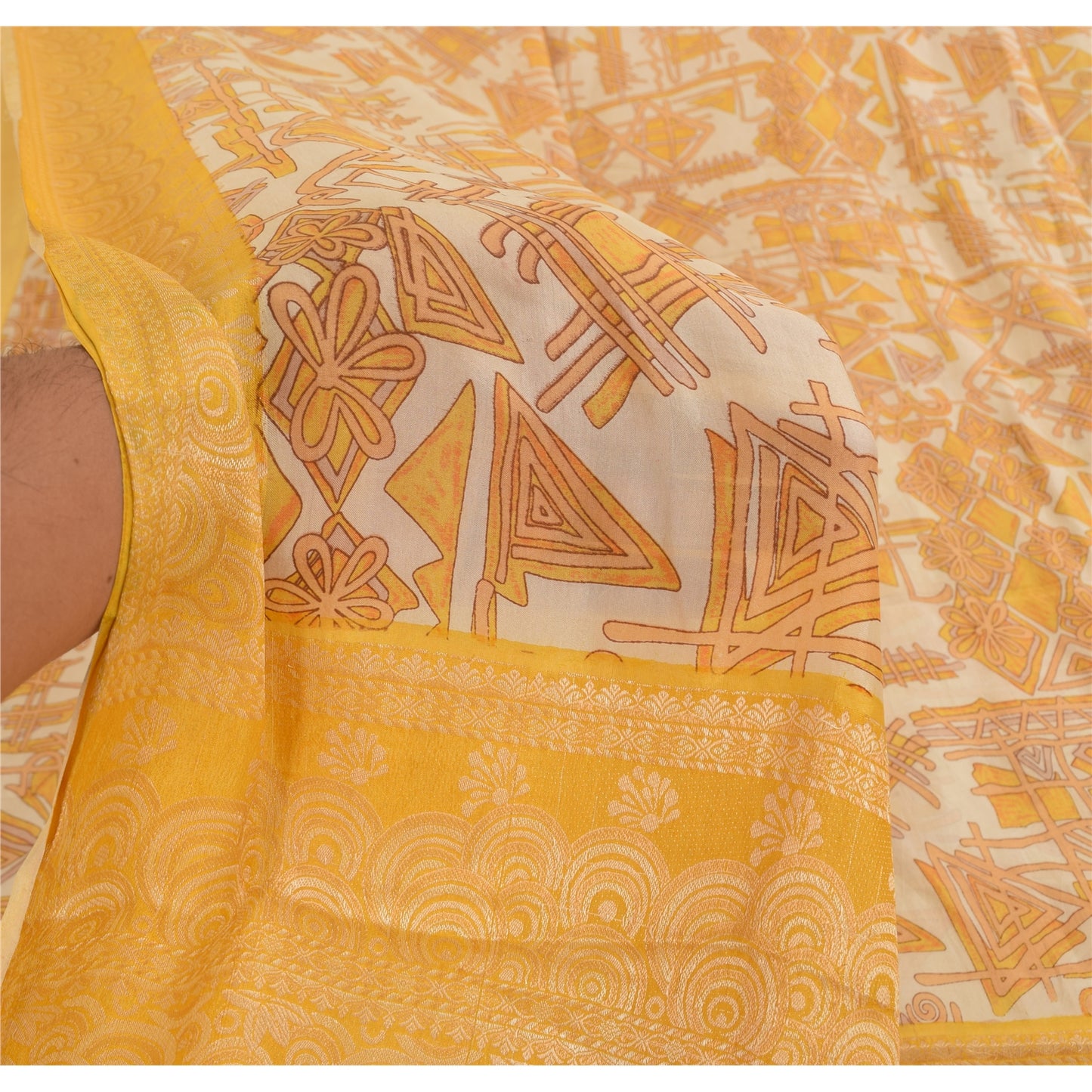 Sanskriti Vintage Ivory/Yellow Sarees Pure Silk Woven Printed Sari Craft Fabric