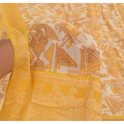 Sanskriti Vintage Ivory/Yellow Sarees Pure Silk Woven Printed Sari Craft Fabric