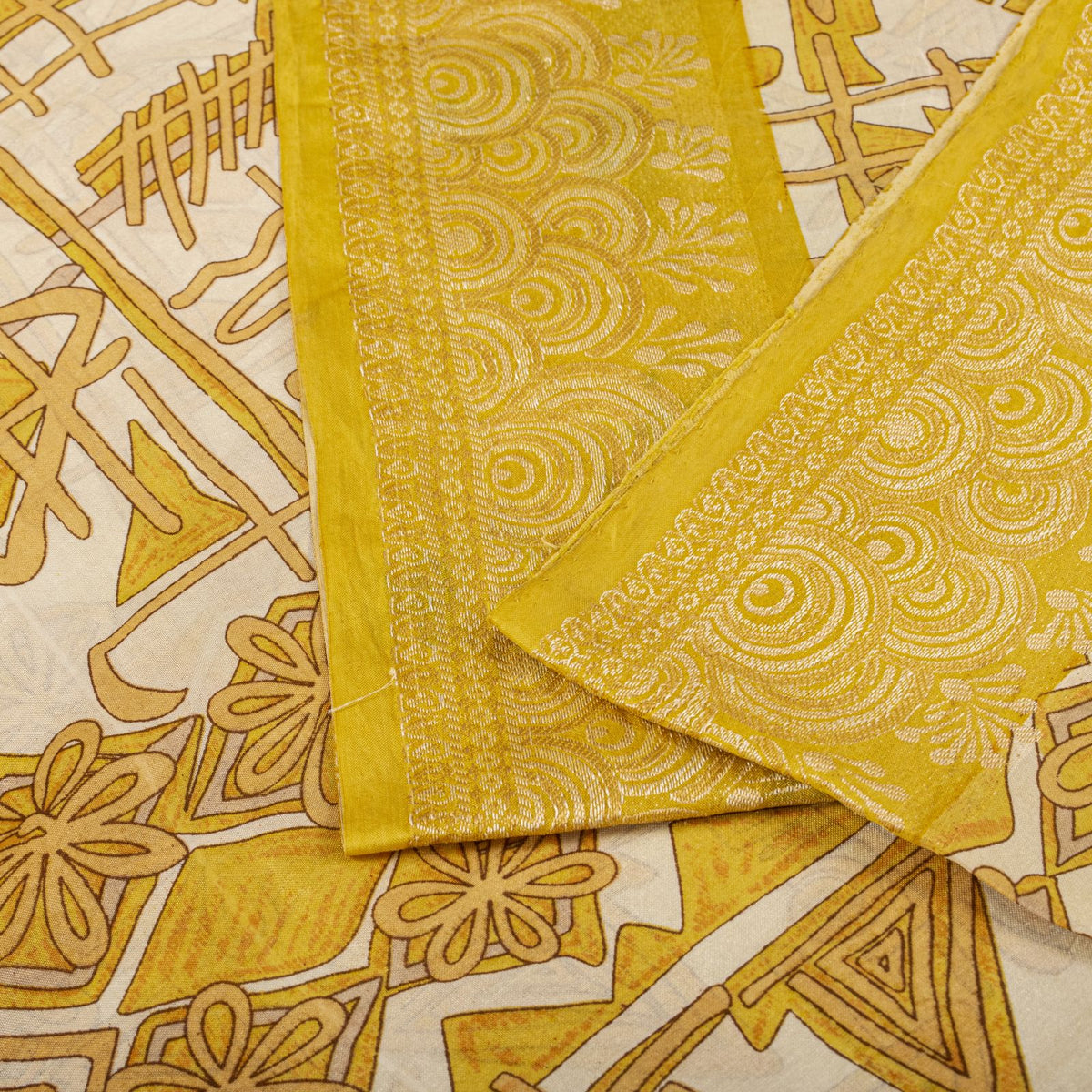 Sanskriti Vintage Saree Woven Printed Pure Silk Ivory-Yellow Sari Craft Fabric