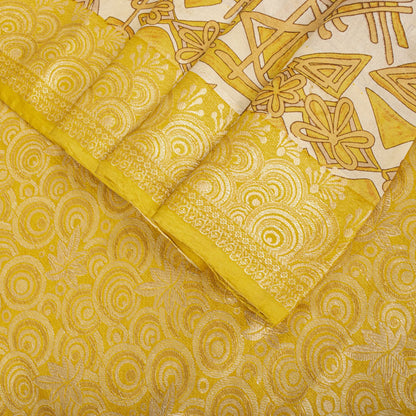 Sanskriti Vintage Saree Woven Printed Pure Silk Ivory-Yellow Sari Craft Fabric