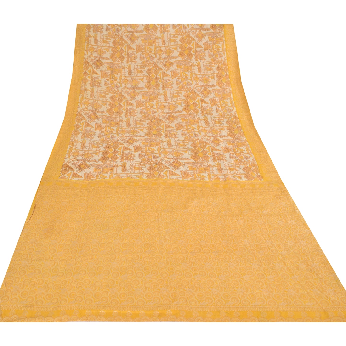 Sanskriti Vintage Ivory/Yellow Sarees Pure Silk Woven Printed Sari Craft Fabric