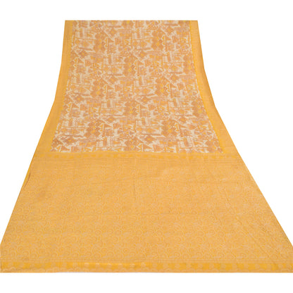 Sanskriti Vintage Ivory/Yellow Sarees Pure Silk Woven Printed Sari Craft Fabric