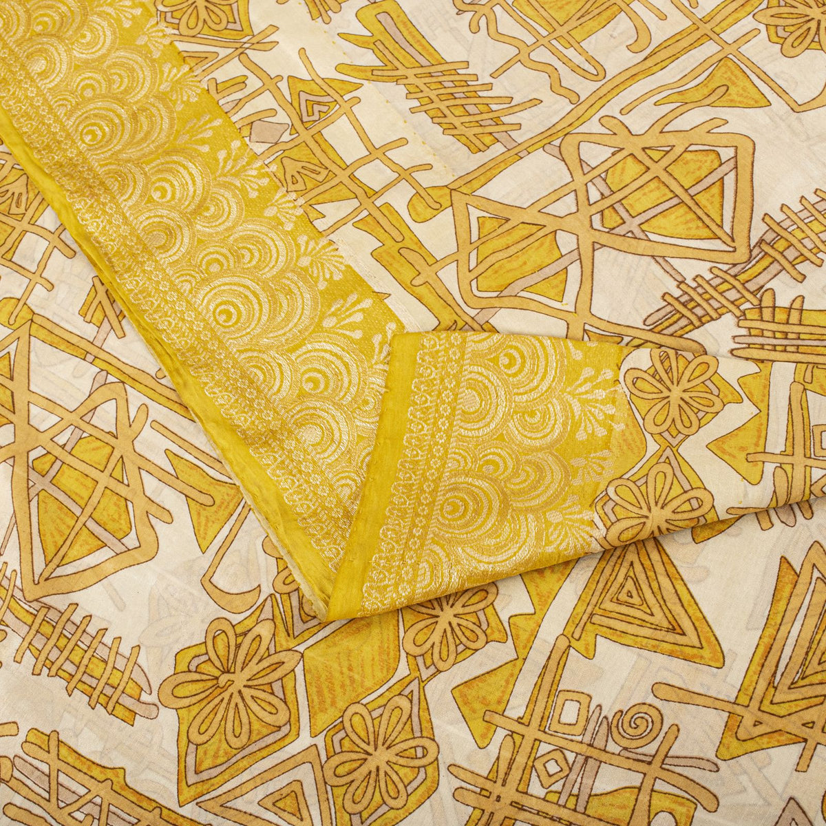 Sanskriti Vintage Saree Woven Printed Pure Silk Ivory-Yellow Sari Craft Fabric