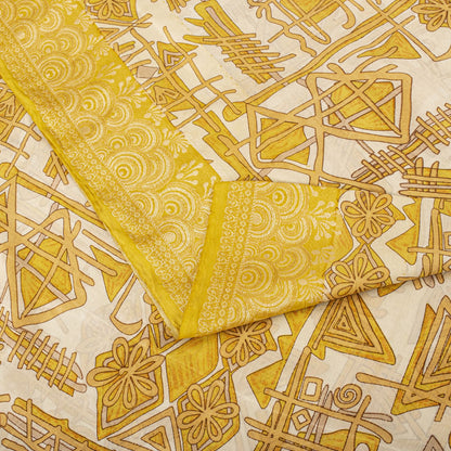 Sanskriti Vintage Saree Woven Printed Pure Silk Ivory-Yellow Sari Craft Fabric