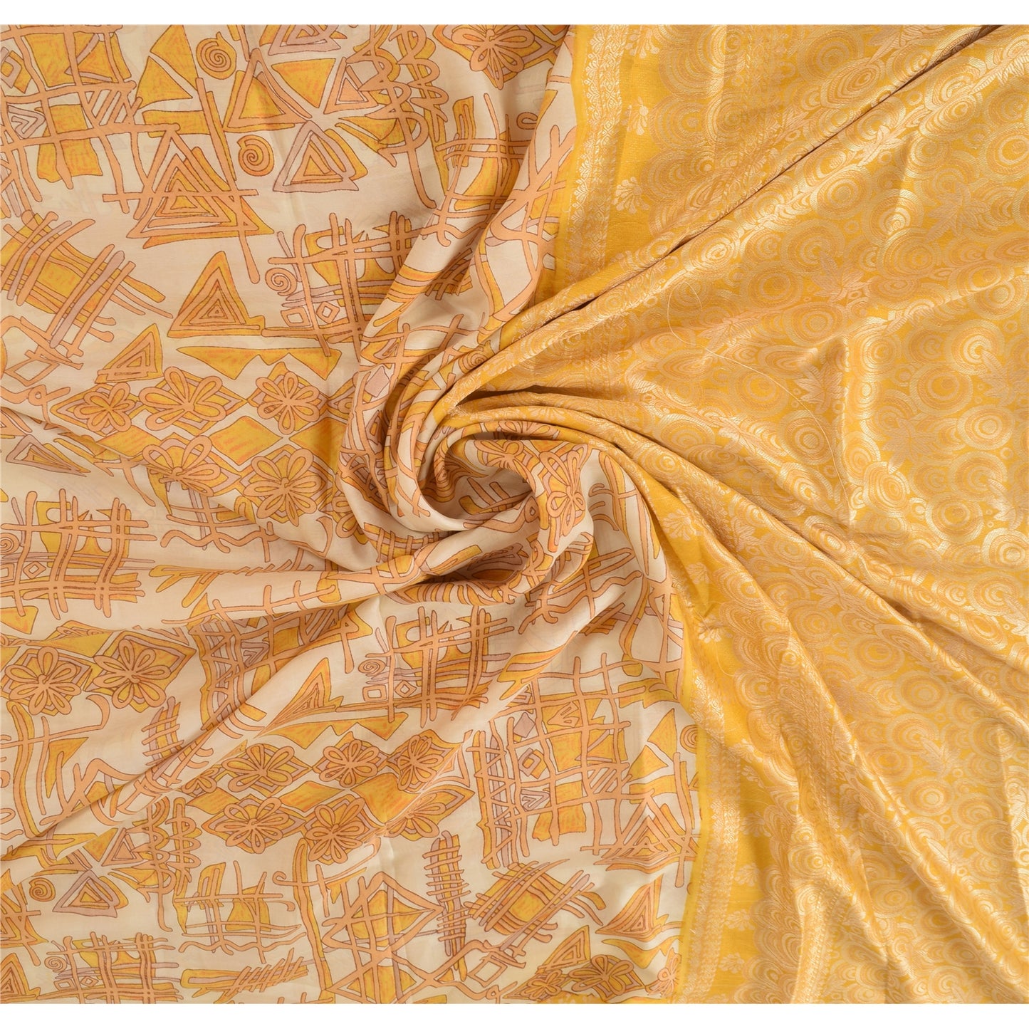 Sanskriti Vintage Ivory/Yellow Sarees Pure Silk Woven Printed Sari Craft Fabric