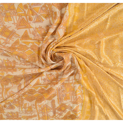 Sanskriti Vintage Ivory/Yellow Sarees Pure Silk Woven Printed Sari Craft Fabric