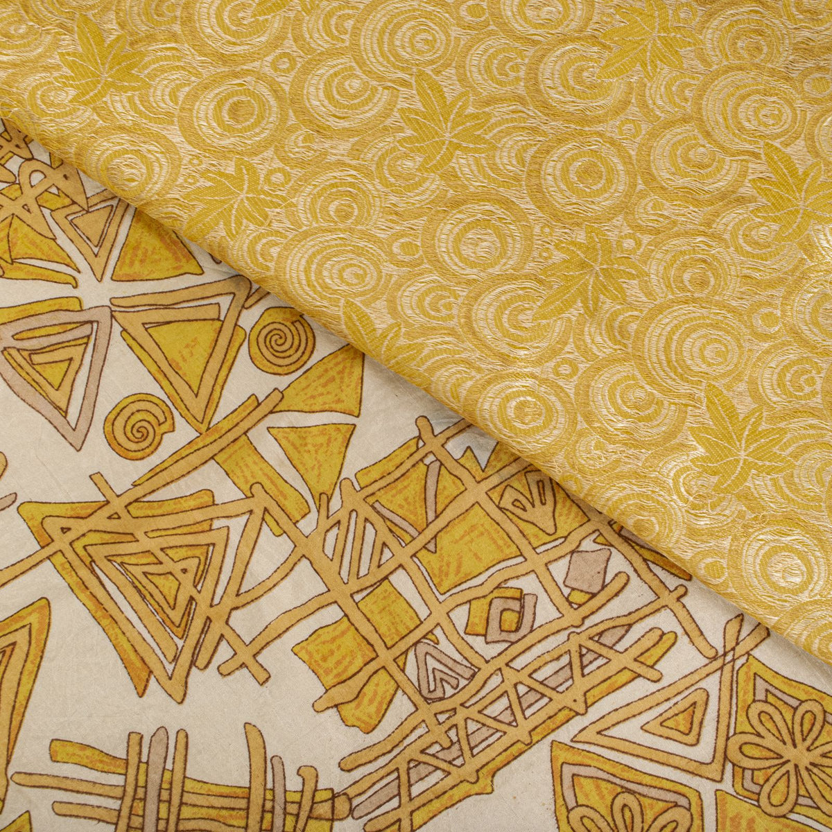Sanskriti Vintage Saree Woven Printed Pure Silk Ivory-Yellow Sari Craft Fabric