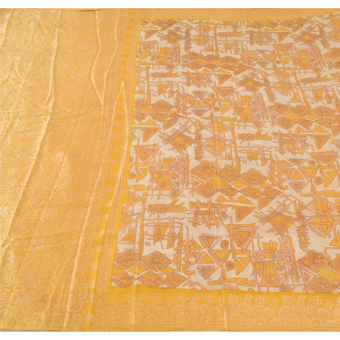Sanskriti Vintage Ivory/Yellow Sarees Pure Silk Woven Printed Sari Craft Fabric