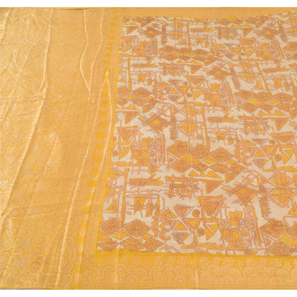 Sanskriti Vintage Ivory/Yellow Sarees Pure Silk Woven Printed Sari Craft Fabric