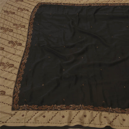 Sanskriti Vintage Hand Beaded Blend Crepe Saree Black Bollywood Sari 5Yd Fabric