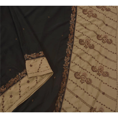Sanskriti Vintage Hand Beaded Blend Crepe Saree Black Bollywood Sari 5Yd Fabric