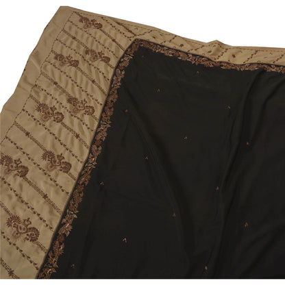 Sanskriti Vintage Hand Beaded Blend Crepe Saree Black Bollywood Sari 5Yd Fabric