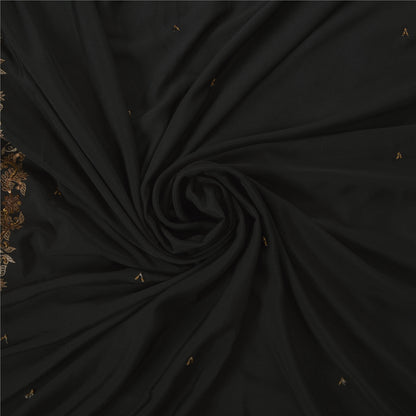 Sanskriti Vintage Hand Beaded Blend Crepe Saree Black Bollywood Sari 5Yd Fabric