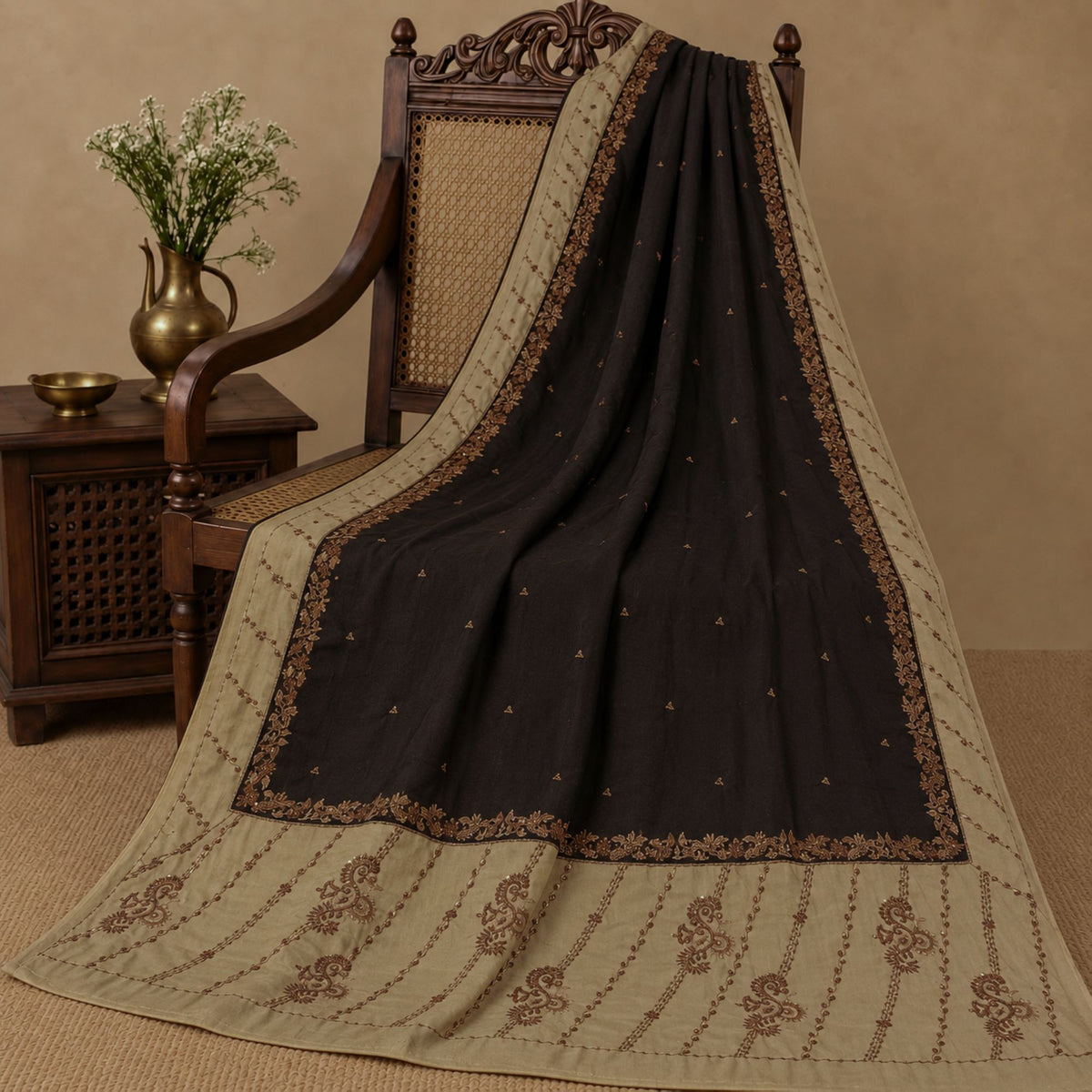 Sanskriti Vintage Hand Beaded Blend Crepe Saree Black Bollywood Sari 5Yd Fabric
