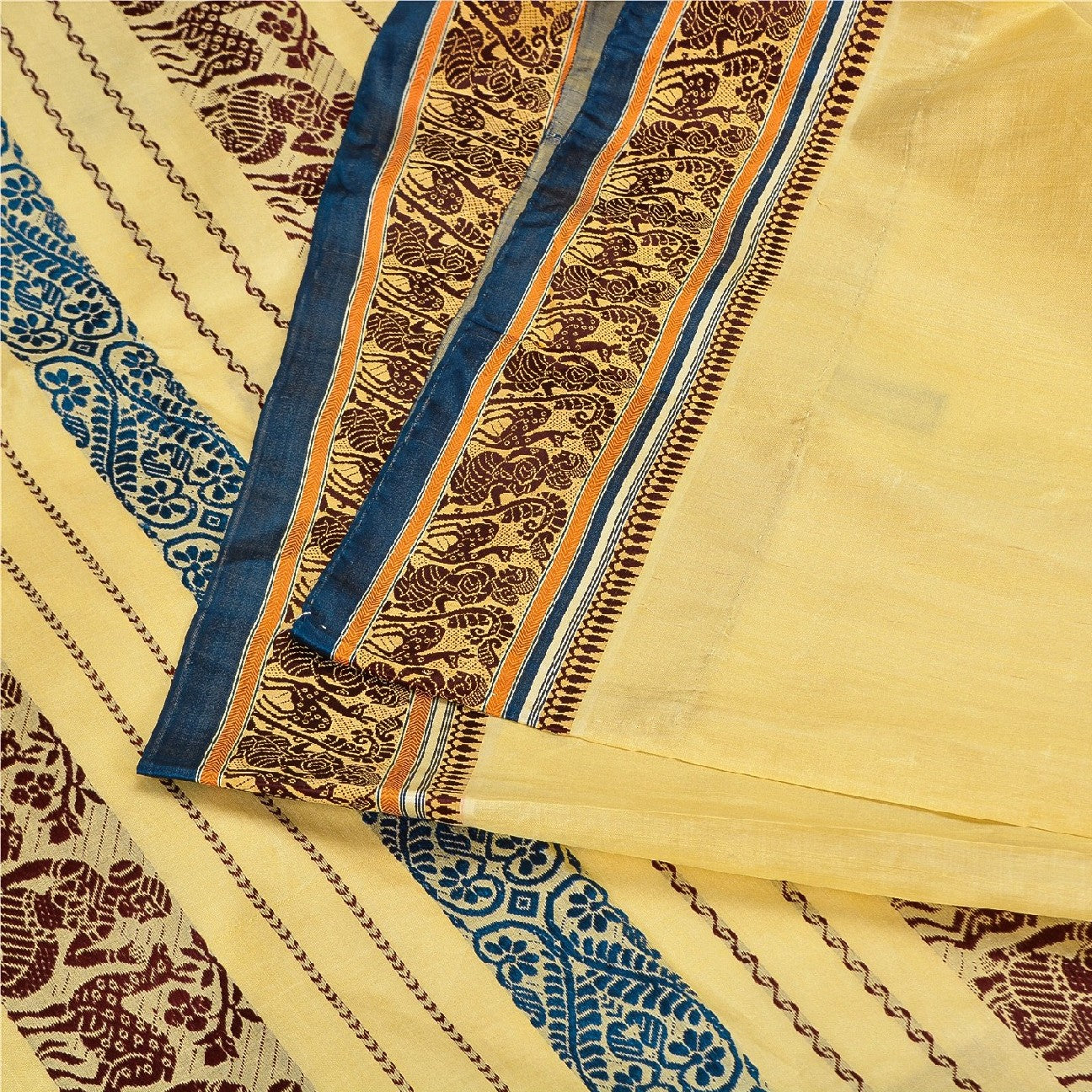 Sanskriti Vintage Craft Fabric Cream Baluchari Woven Sarees Pure Silk 5+YD Sari