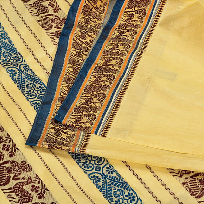 Sanskriti Vintage Craft Fabric Cream Baluchari Woven Sarees Pure Silk 5+YD Sari
