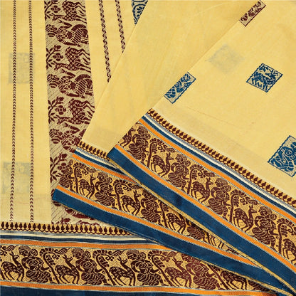 Sanskriti Vintage Craft Fabric Cream Baluchari Woven Sarees Pure Silk 5+YD Sari