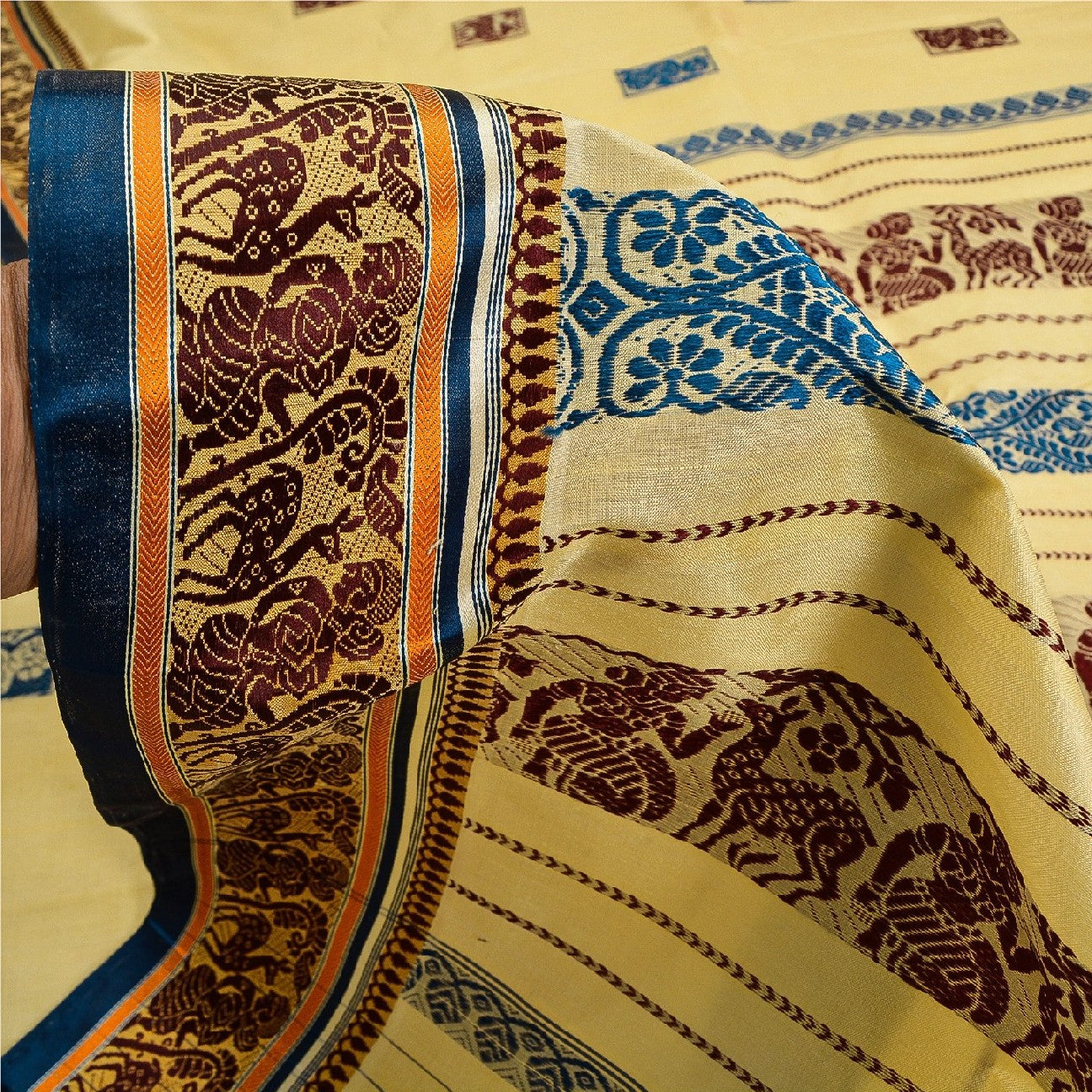 Sanskriti Vintage Craft Fabric Cream Baluchari Woven Sarees Pure Silk 5+YD Sari
