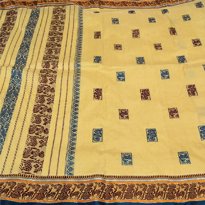 Sanskriti Vintage Craft Fabric Cream Baluchari Woven Sarees Pure Silk 5+YD Sari