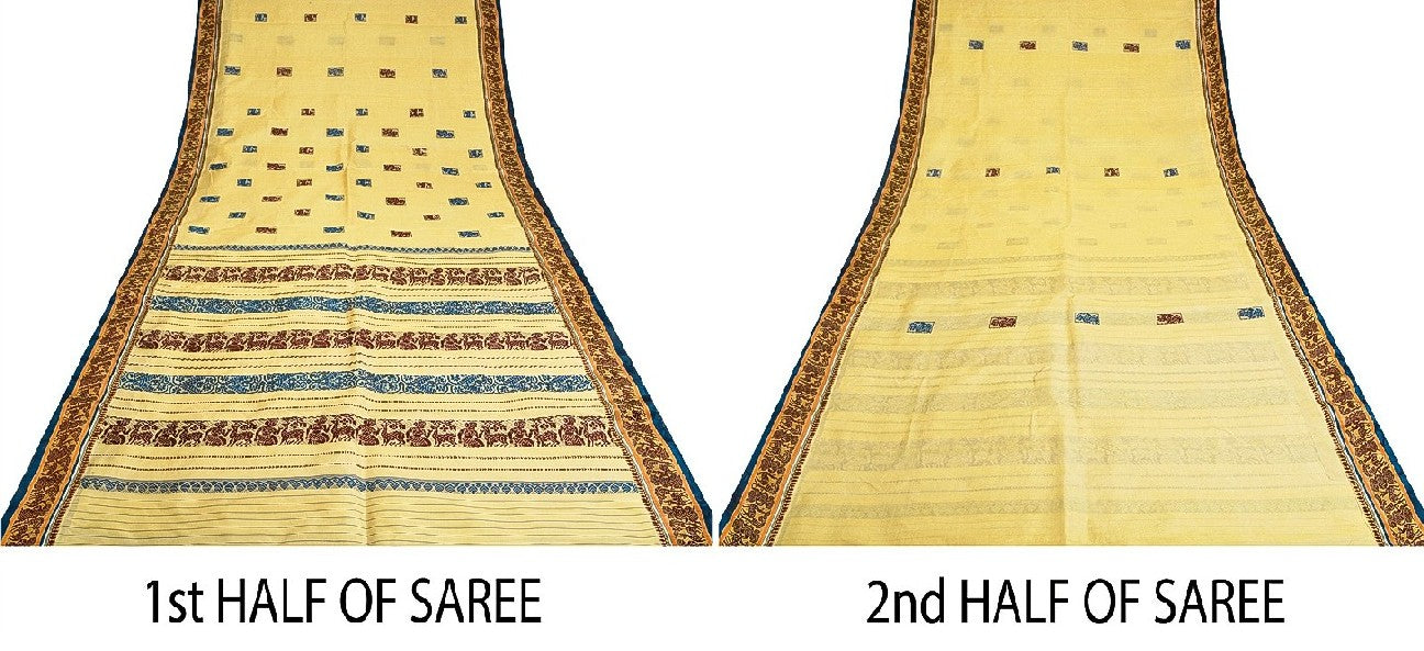 Sanskriti Vintage Craft Fabric Cream Baluchari Woven Sarees Pure Silk 5+YD Sari